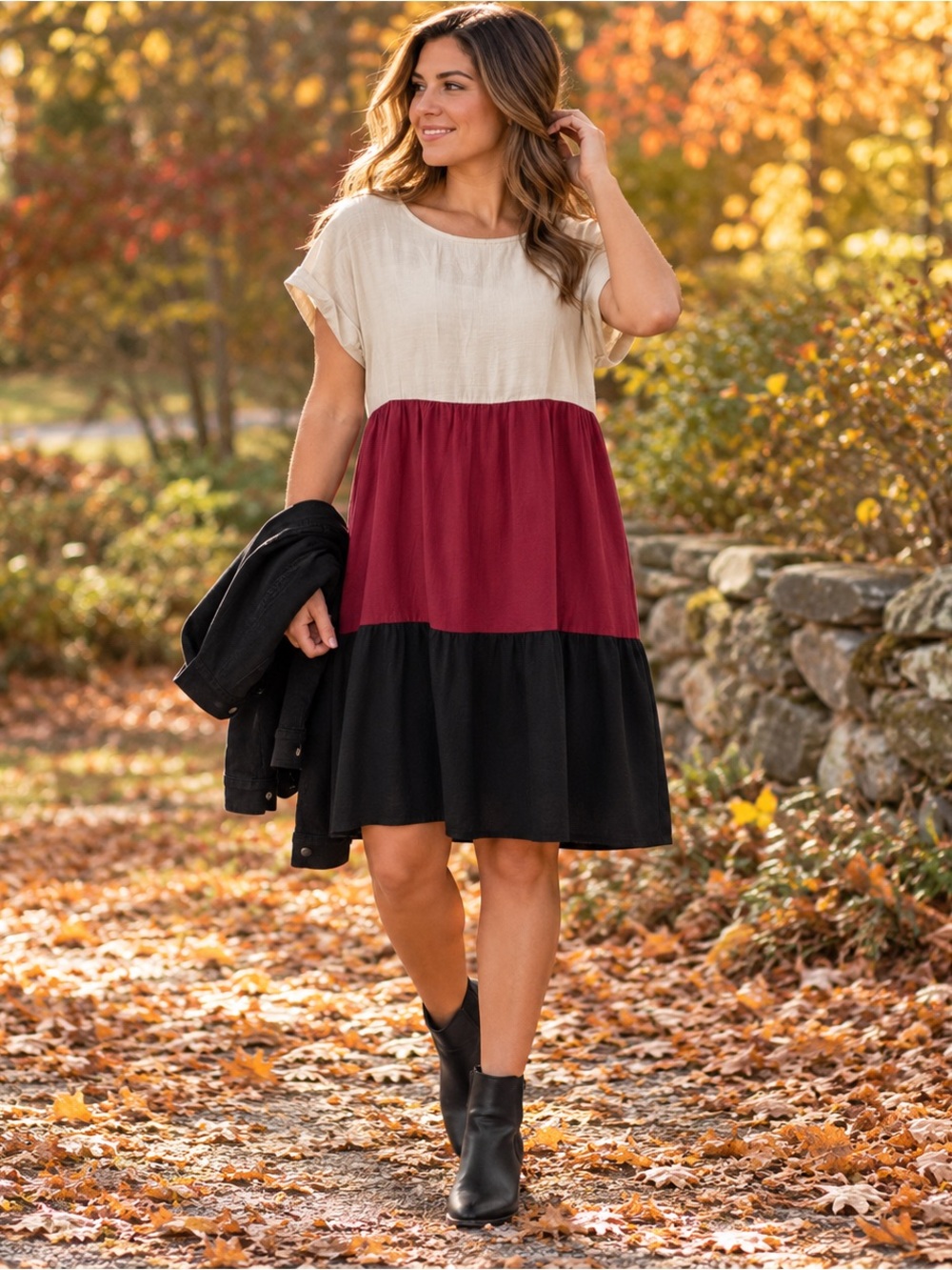Emery Rose Color Block Tiered Babydoll Dress | Large | Cream Burgundy Black